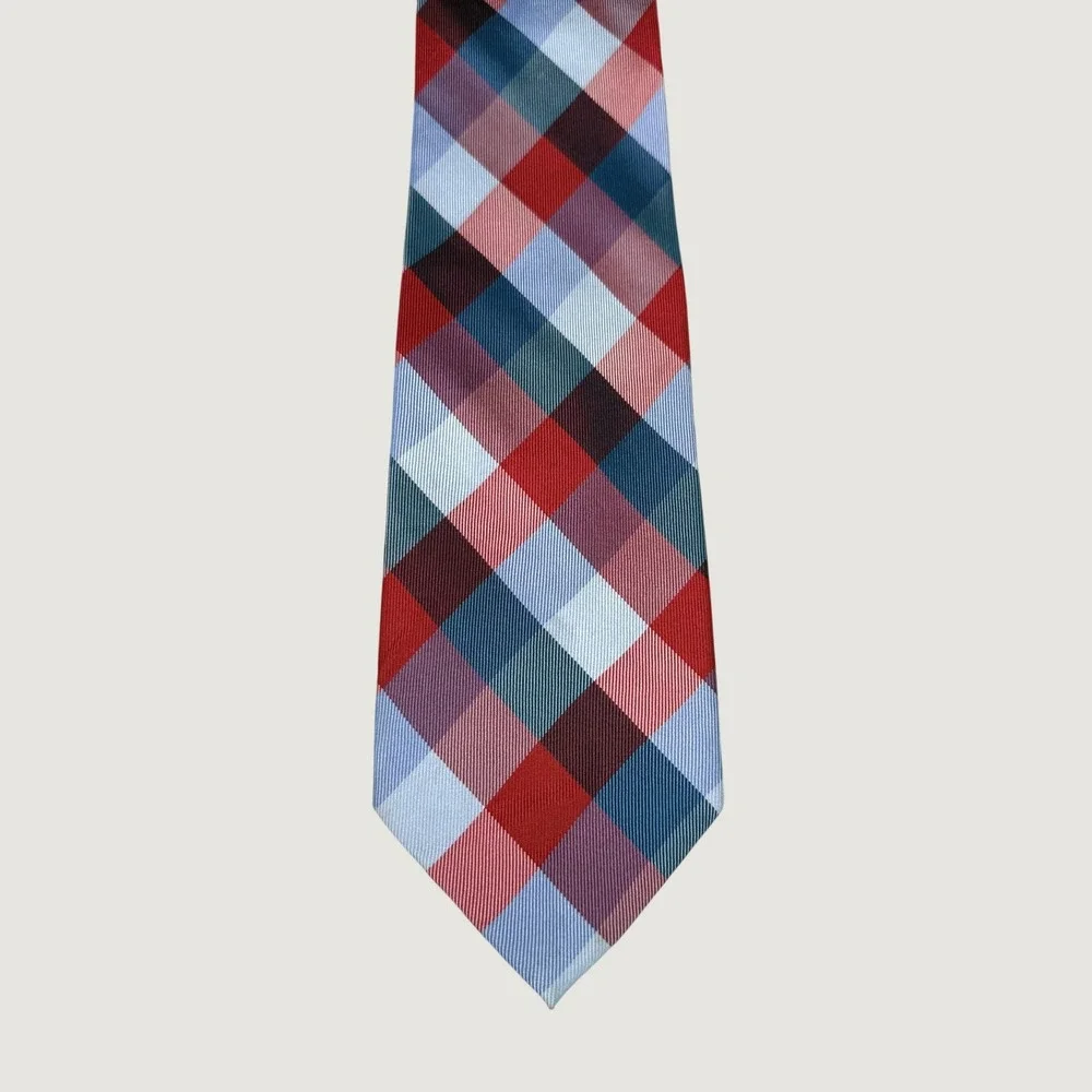 Tommy Hilfiger Mens Silk Necktie Red Blue Plaid Checkered Formal Business Tie